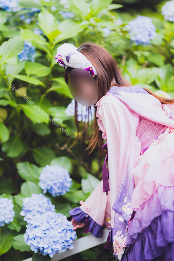 日本庭園の紫陽花の前で和風ロリータを着てポーズをとる女の子